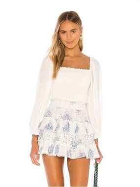 LoveShackFancy White Tiered Mini Skirt with Blue Floral